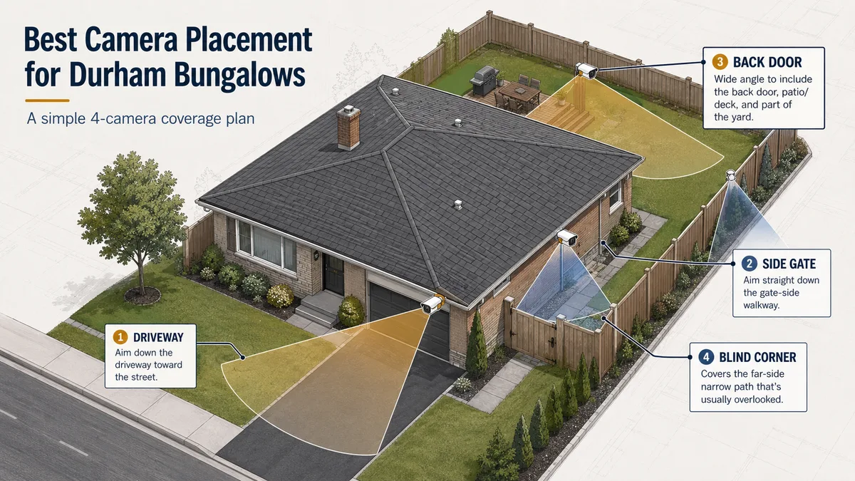 Overhead diagram of a Durham bungalow with four labelled camera coverage zones: driveway, side gate, back door, and the often-missed blind corner.