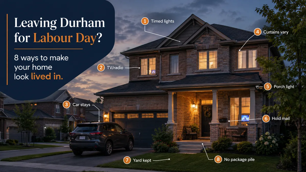 Illustrated Durham Region home at dusk showing timed lights, varying curtains, a parked car, porch lighting, held mail, a maintained yard, and no packages left outside.