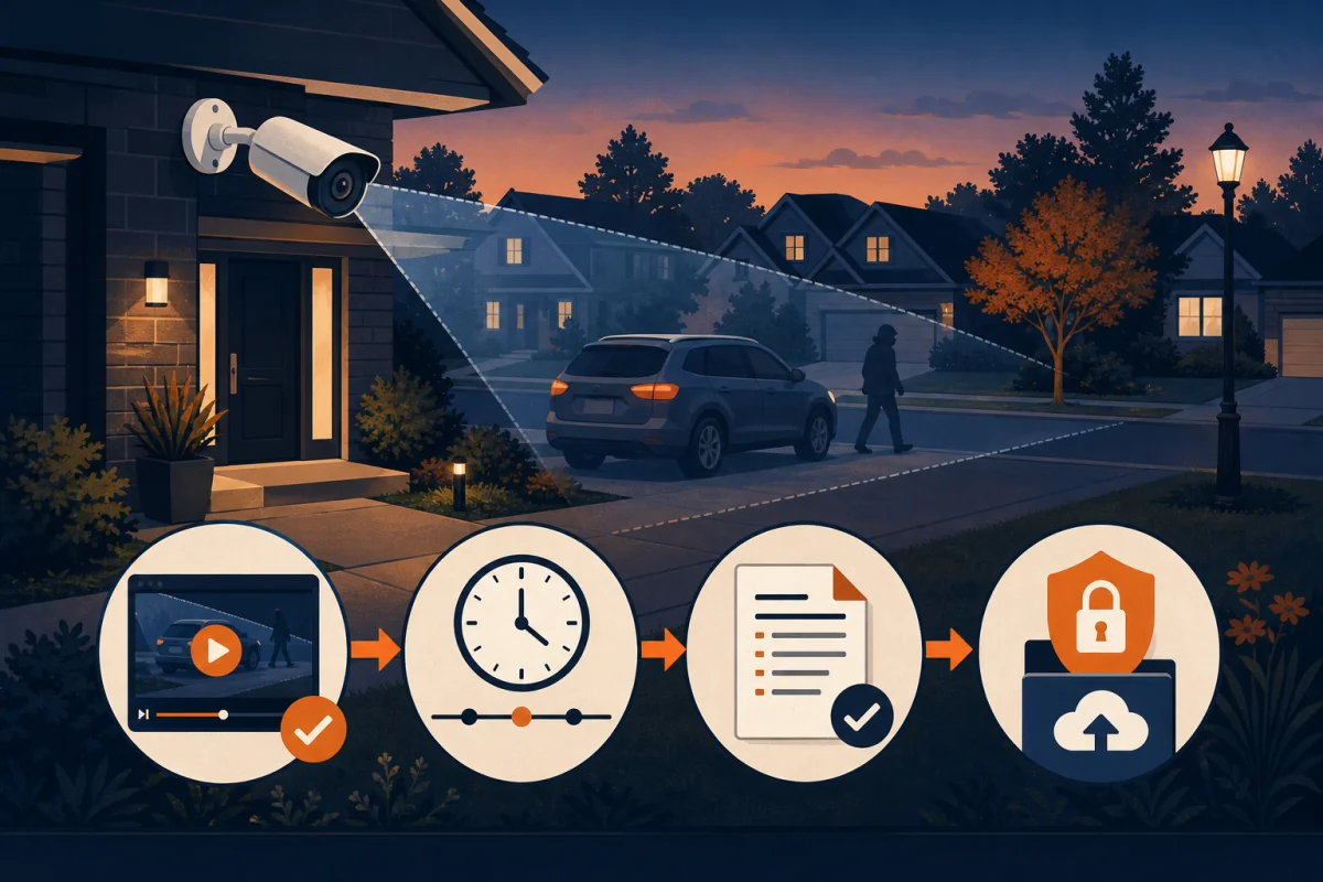 Editorial illustration of a Durham home security camera preserving a driveway video clip for secure sharing with police.