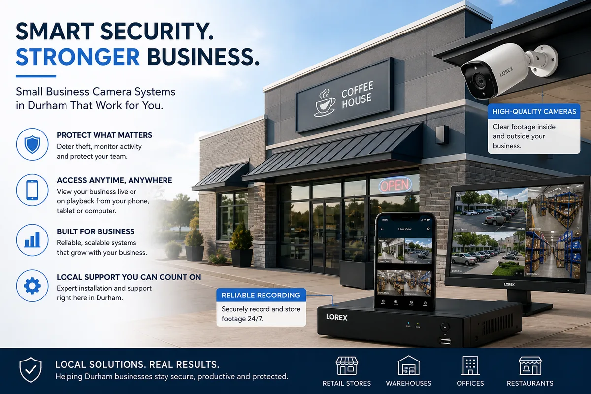 Small-business camera system on a Durham storefront, with exterior cameras, a recorder, and a multi-camera live view on phone and monitor.
