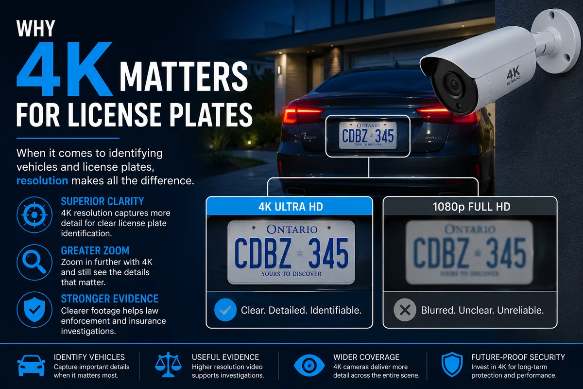 Side-by-side comparison of a sharp 4K licence-plate capture versus a blurred 1080p capture of the same Ontario plate at night.