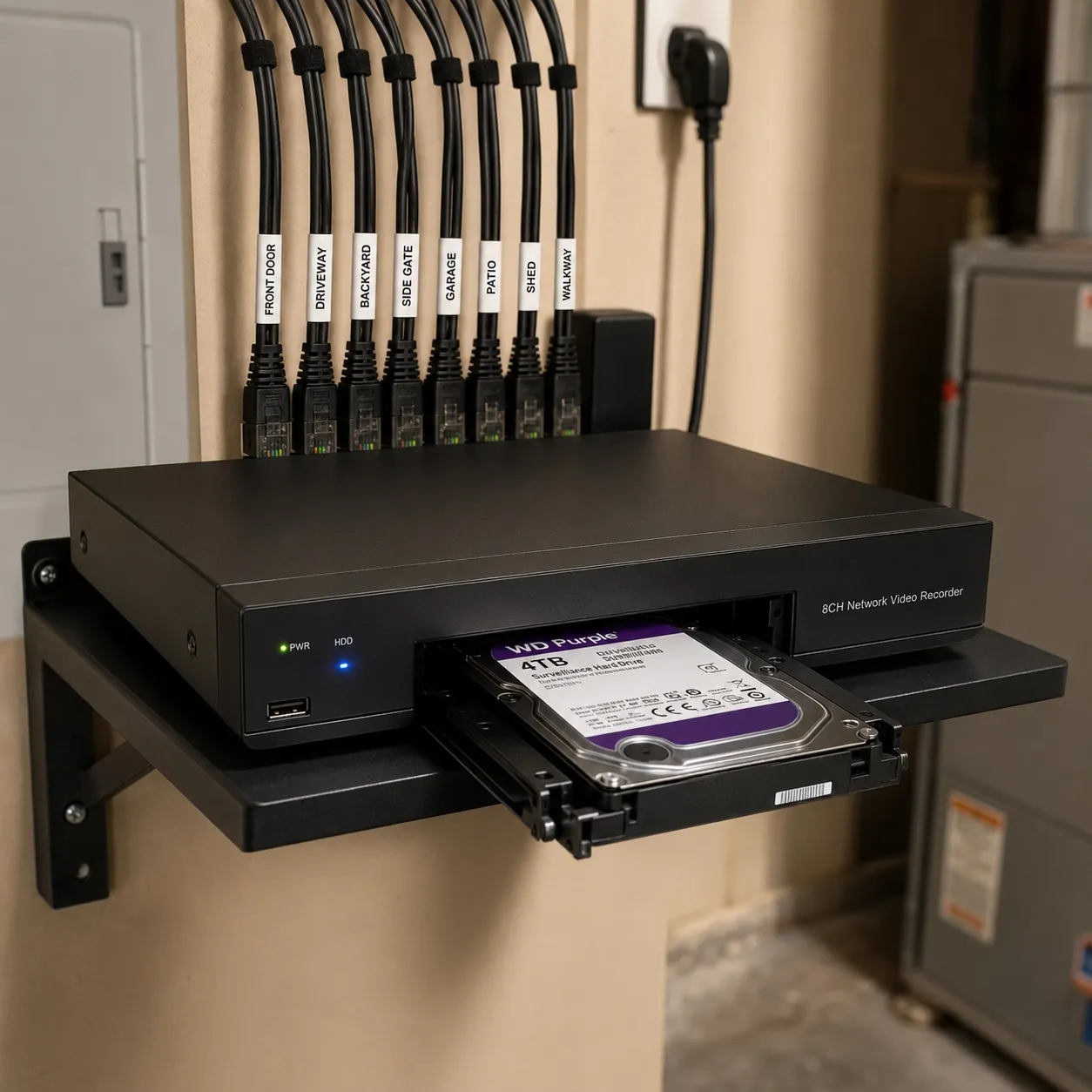 8-channel network video recorder mounted on a utility room shelf with eight labeled Cat6 cables and a 4 TB WD Purple surveillance hard drive.
